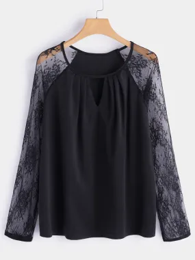 Custom Round Neck Lace Cut Out Long Sleeve Black Fashion T-Shirt