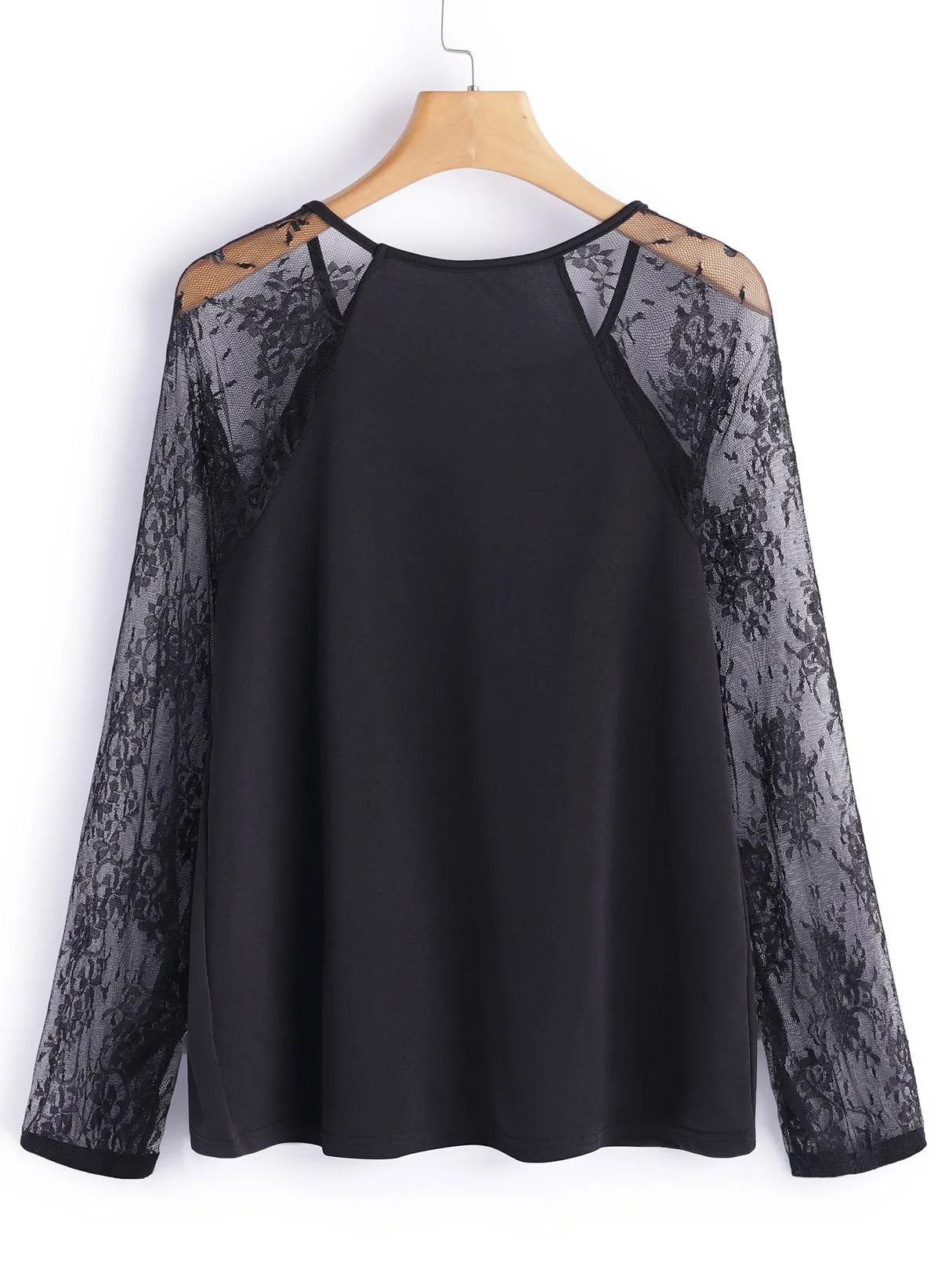 Custom Round Neck Lace Cut Out Long Sleeve Black Fashion T-Shirt