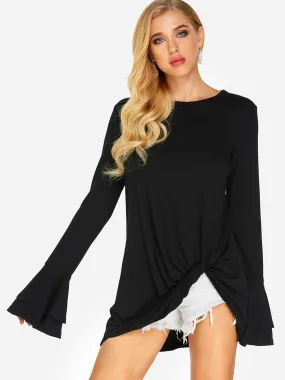 Custom Round Neck Plain Long Sleeve Black Top