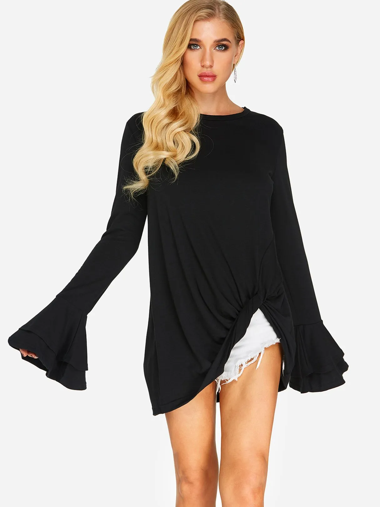 Custom Round Neck Plain Long Sleeve Black Top