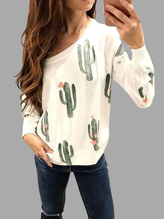 Custom Round Neck Printed Long Sleeve White Tops