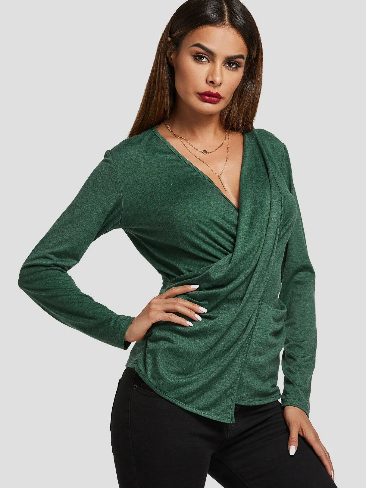 Custom V-Neck Crossed Front Long Sleeve Green Top