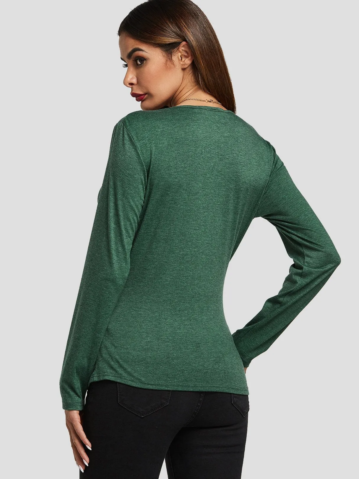 Custom V-Neck Crossed Front Long Sleeve Green Top