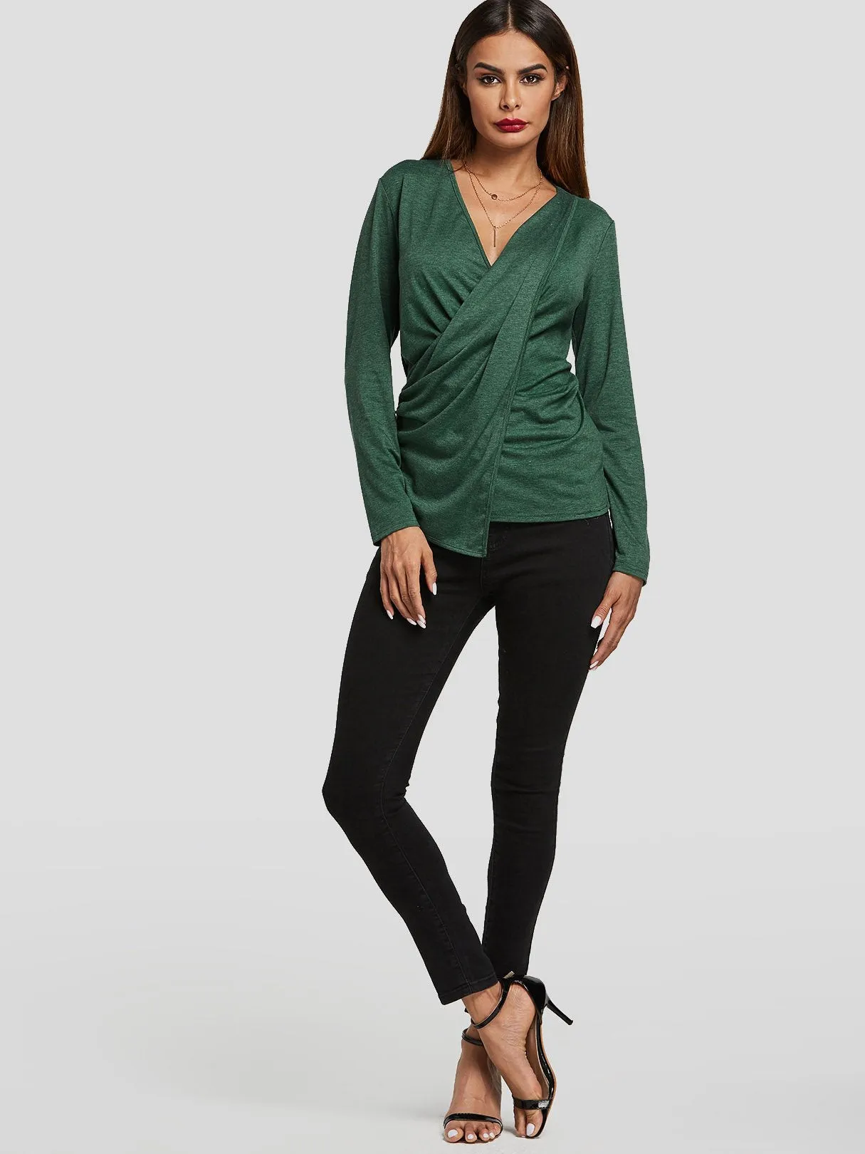 Custom V-Neck Crossed Front Long Sleeve Green Top