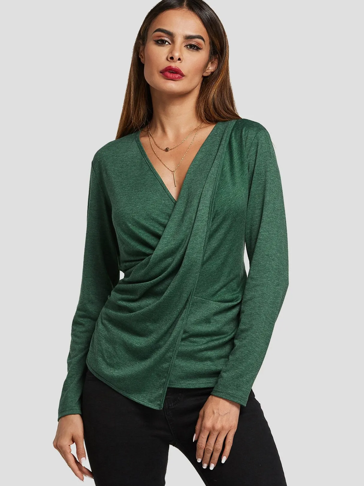 Custom V-Neck Crossed Front Long Sleeve Green Top