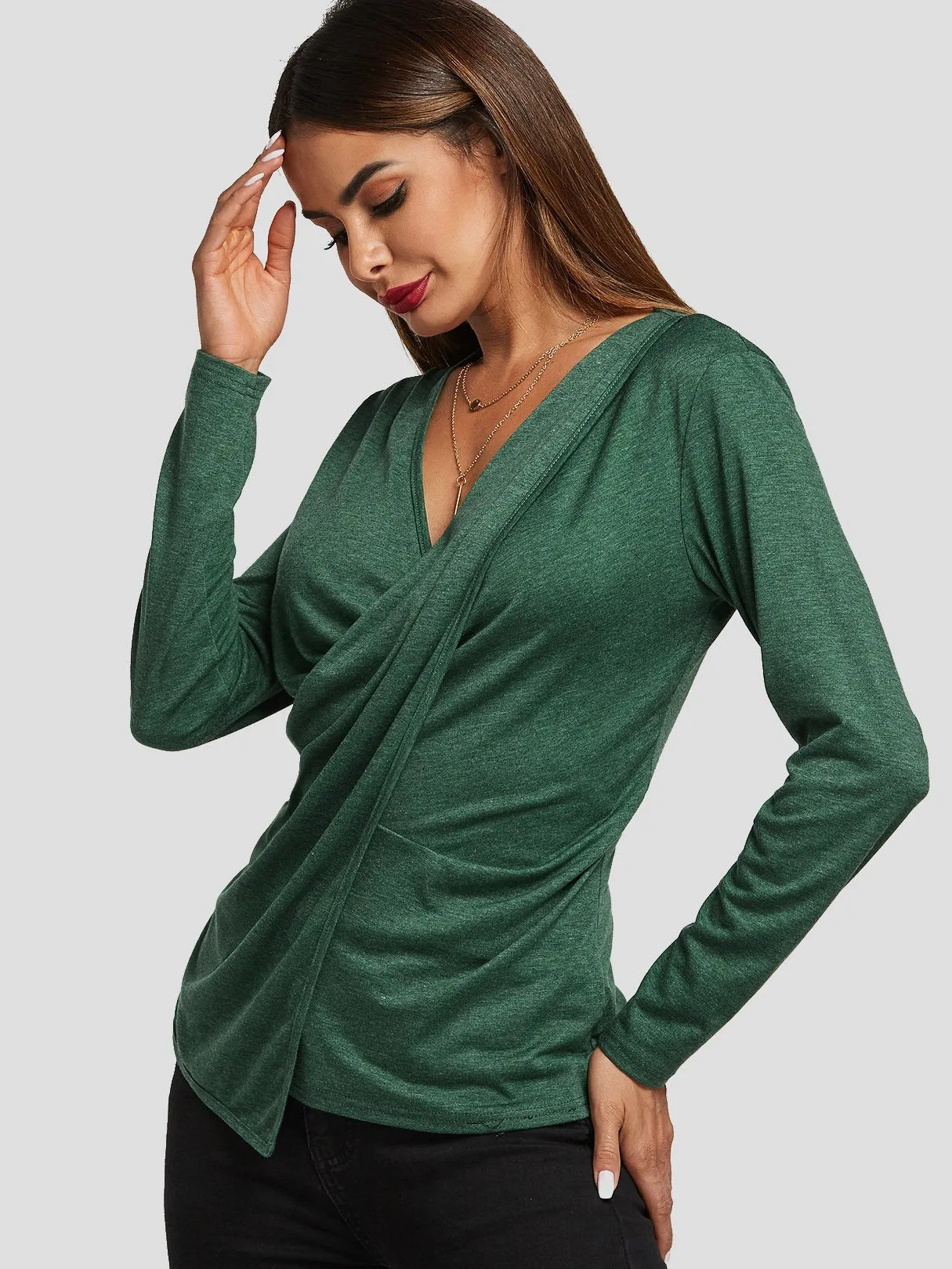 Custom V-Neck Crossed Front Long Sleeve Green Top