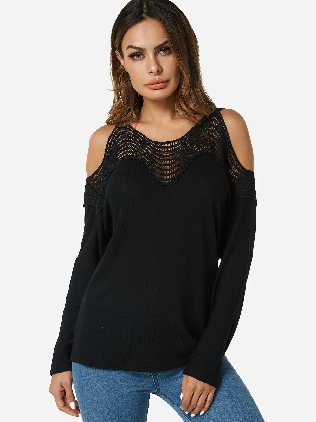 Custom V-Neck Hollow Long Sleeve Black T-Shirts