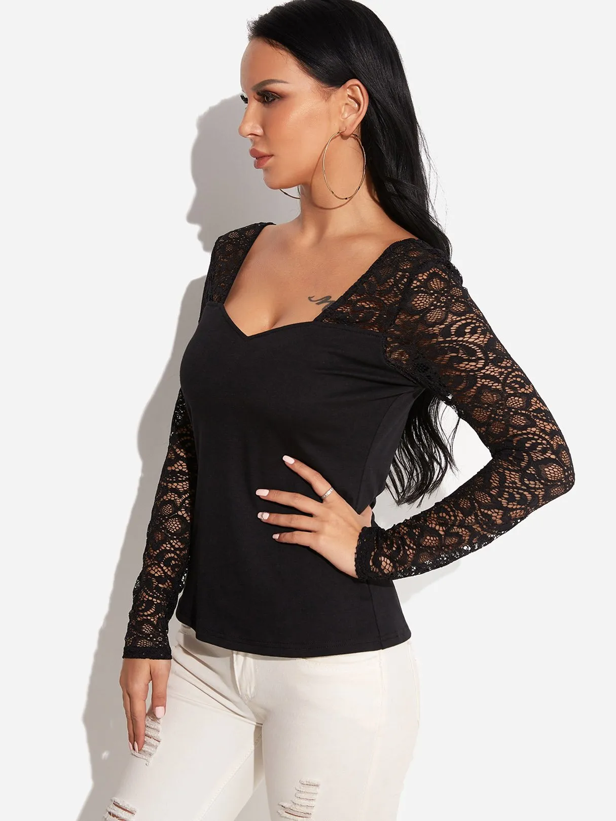 Custom V-Neck Lace Long Sleeve Black T-Shirts