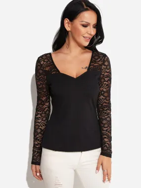 Custom V-Neck Lace Long Sleeve Black T-Shirts