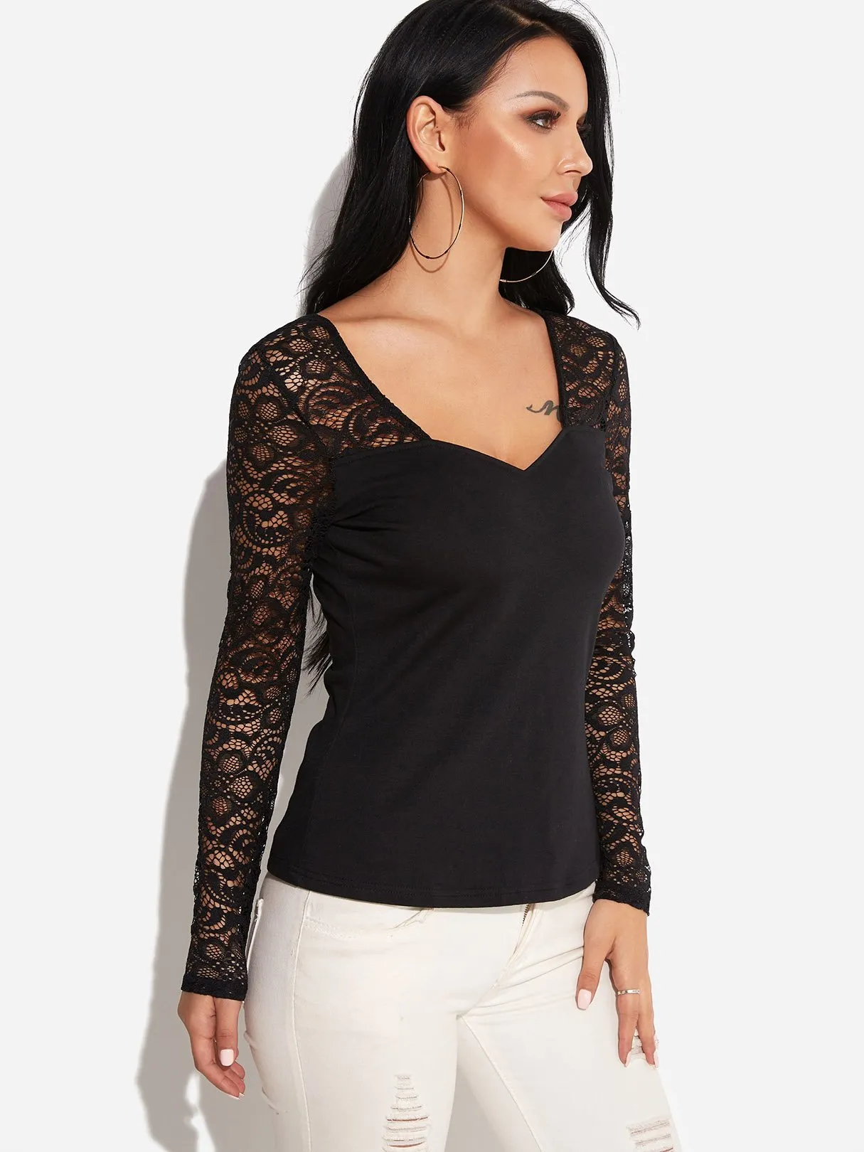 Custom V-Neck Lace Long Sleeve Black T-Shirts