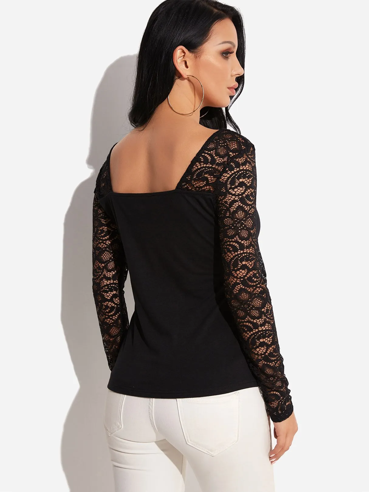 Custom V-Neck Lace Long Sleeve Black T-Shirts