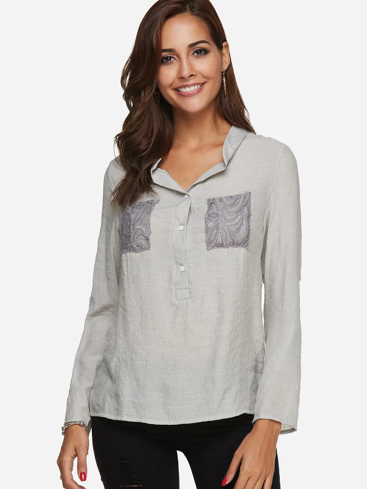 Custom V-Neck Lace Long Sleeve Grey T-Shirts