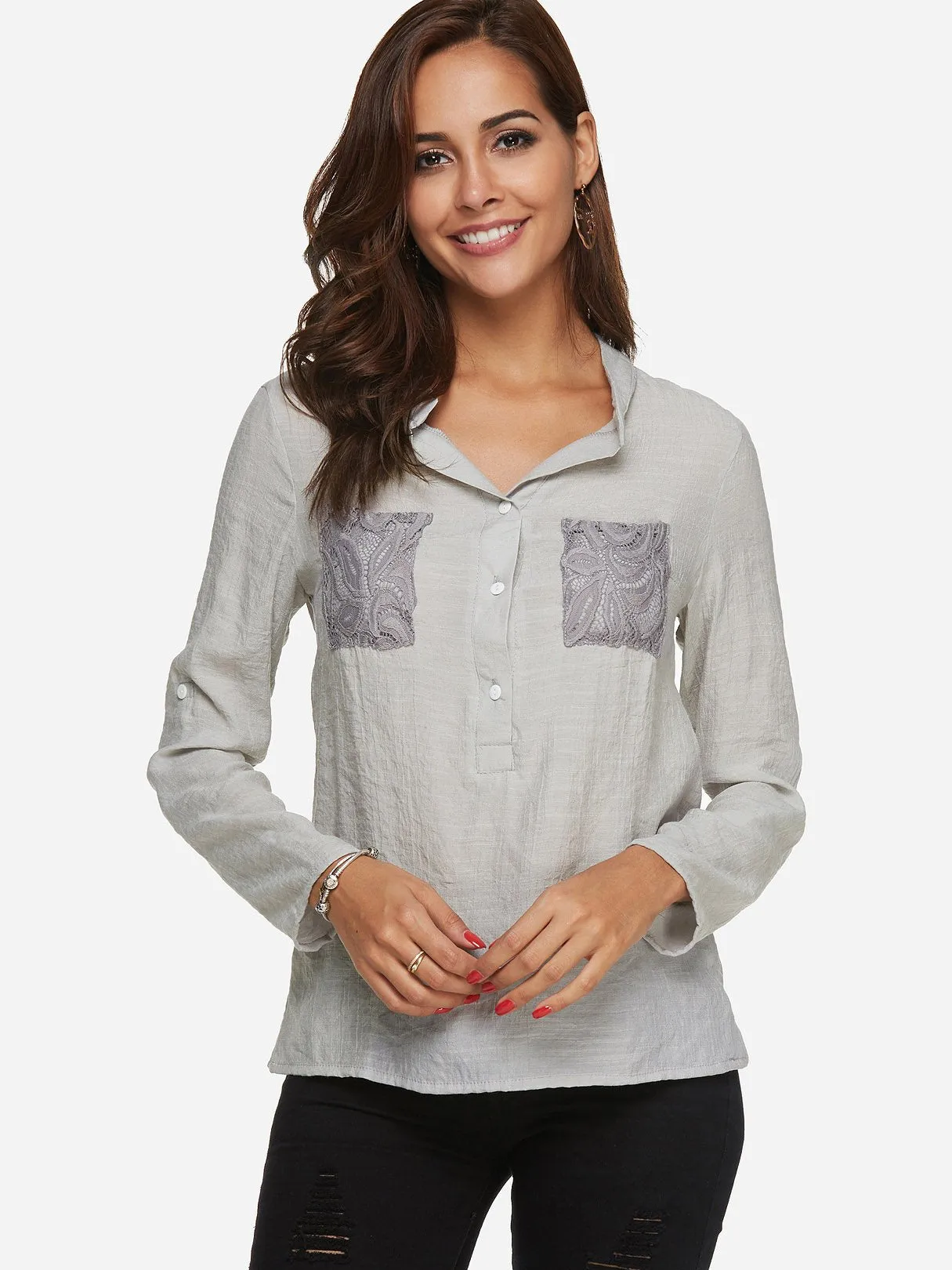 Custom V-Neck Lace Long Sleeve Grey T-Shirts