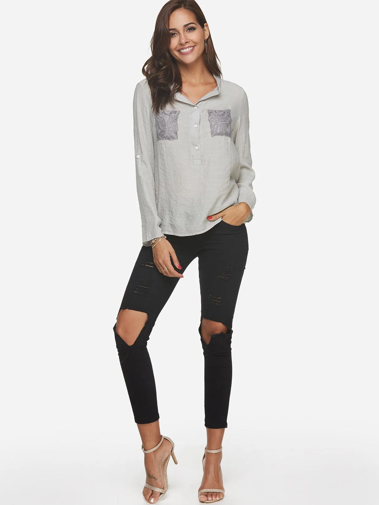 Custom V-Neck Lace Long Sleeve Grey T-Shirts