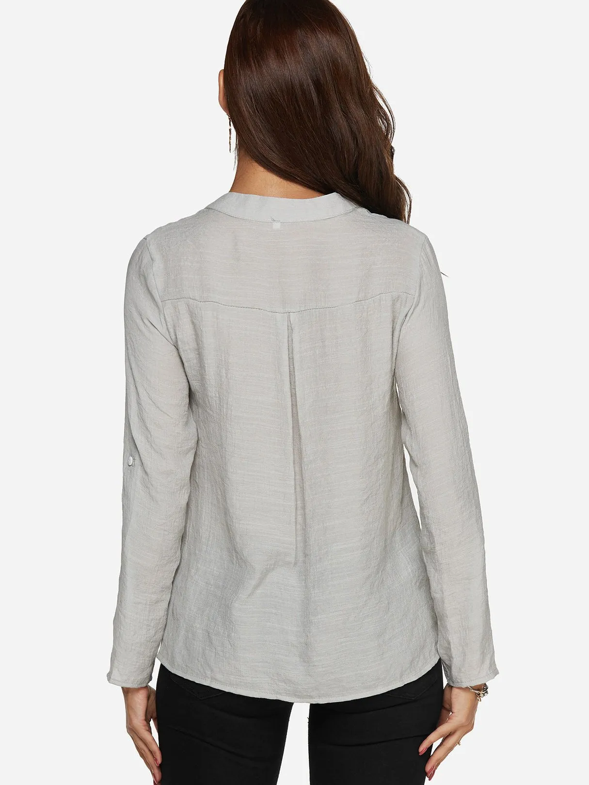 Custom V-Neck Lace Long Sleeve Grey T-Shirts