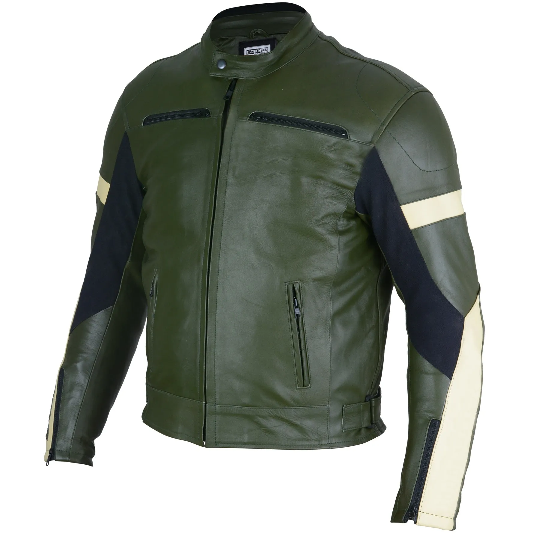 Dark Green Leather Motorcycle Jacket - Protective Armor Leather Biker Jacket