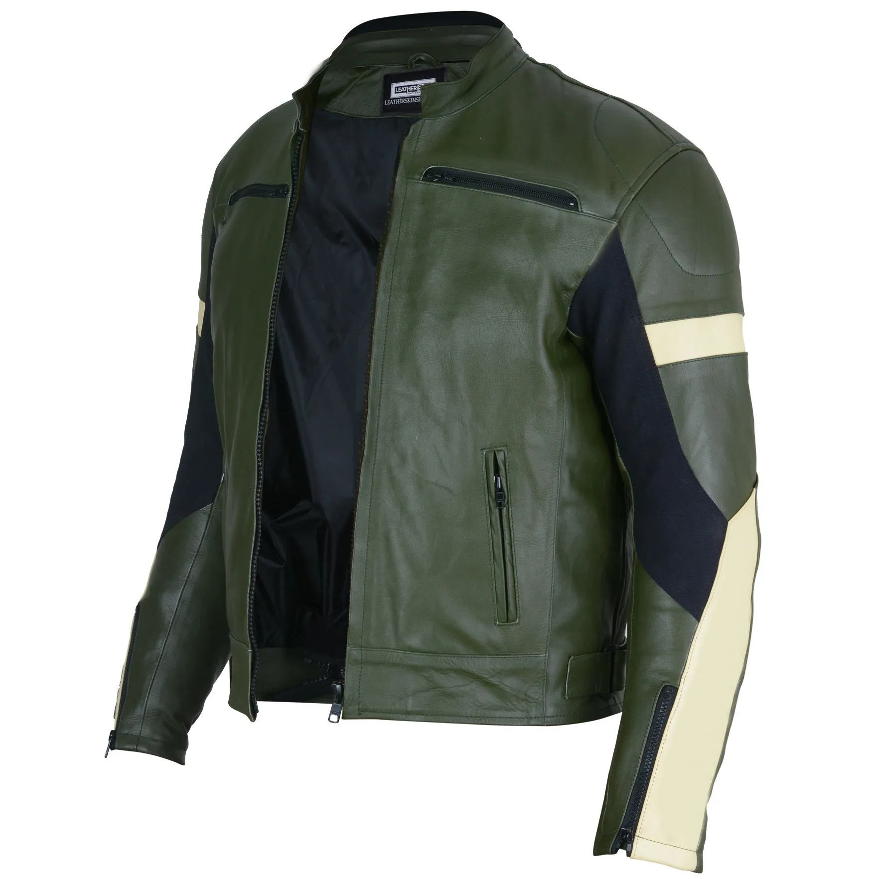 Dark Green Leather Motorcycle Jacket - Protective Armor Leather Biker Jacket