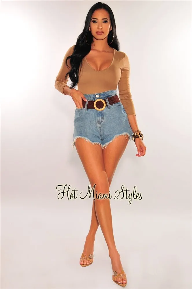 Denim Frayed Hem High Waist Paperbag Belted Shorts