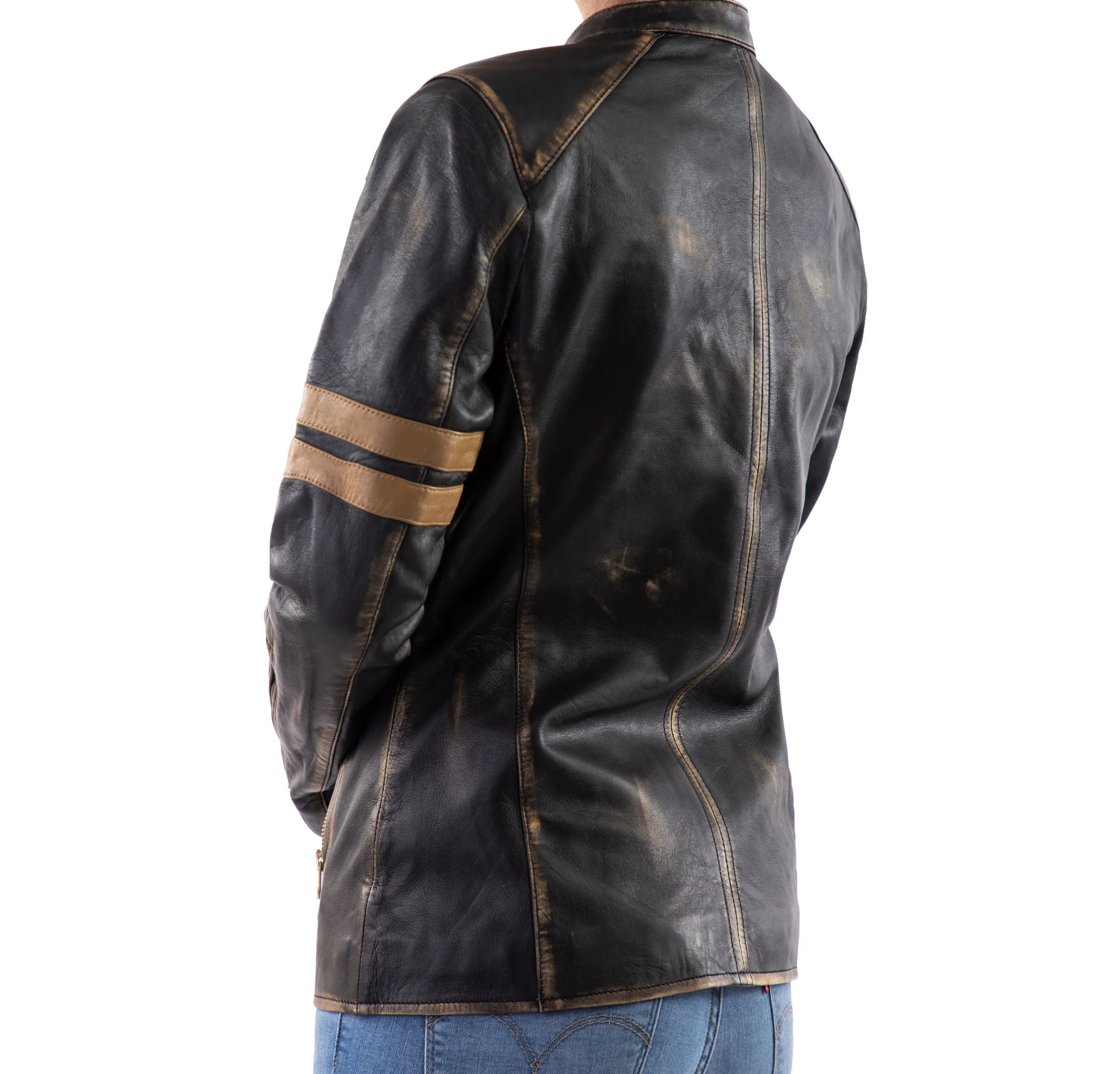 Distressed Café Racer Vintage Leather Jacket Women-Black