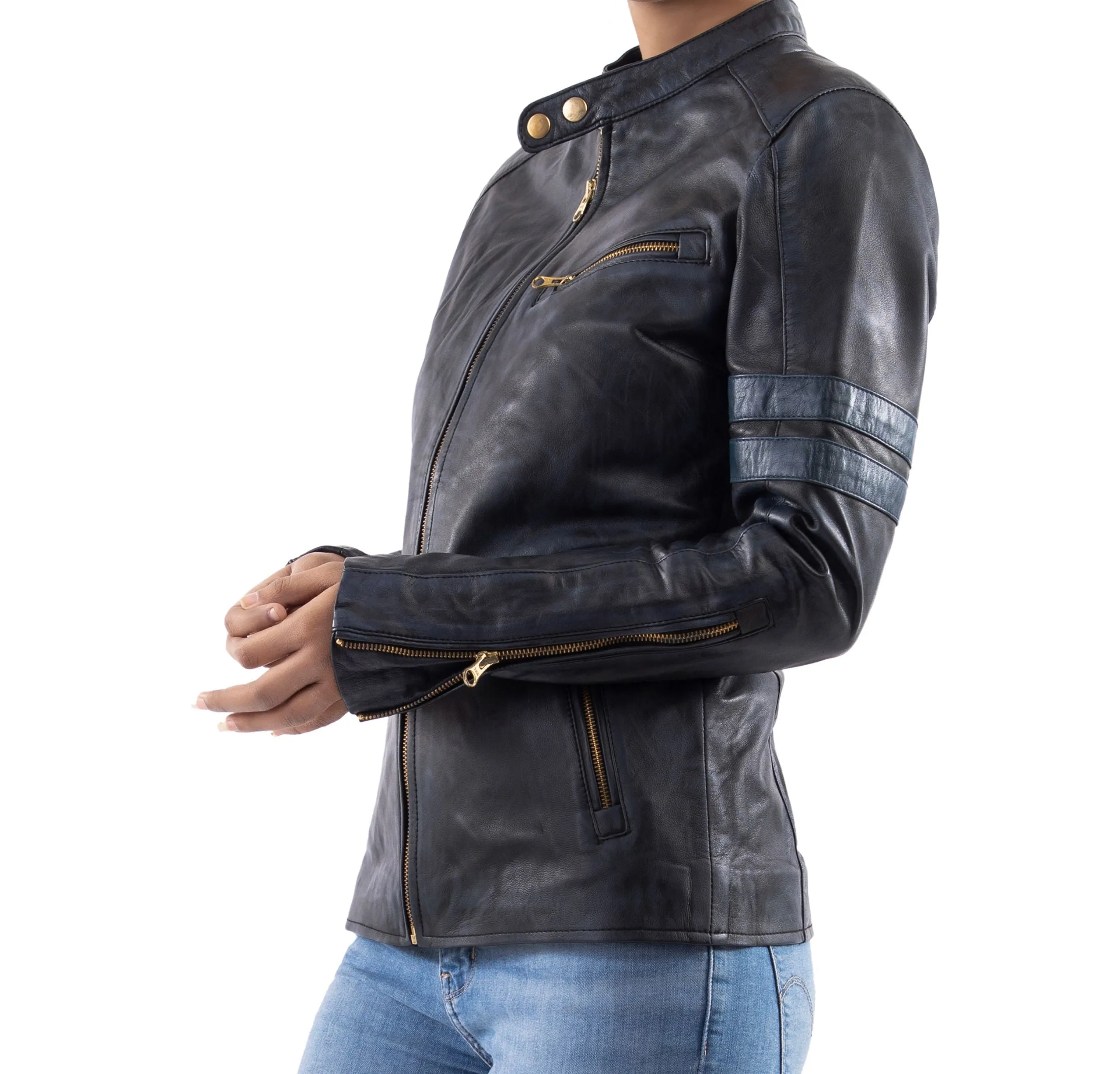 Distressed Café Racer Vintage Leather Jacket Women-Blue