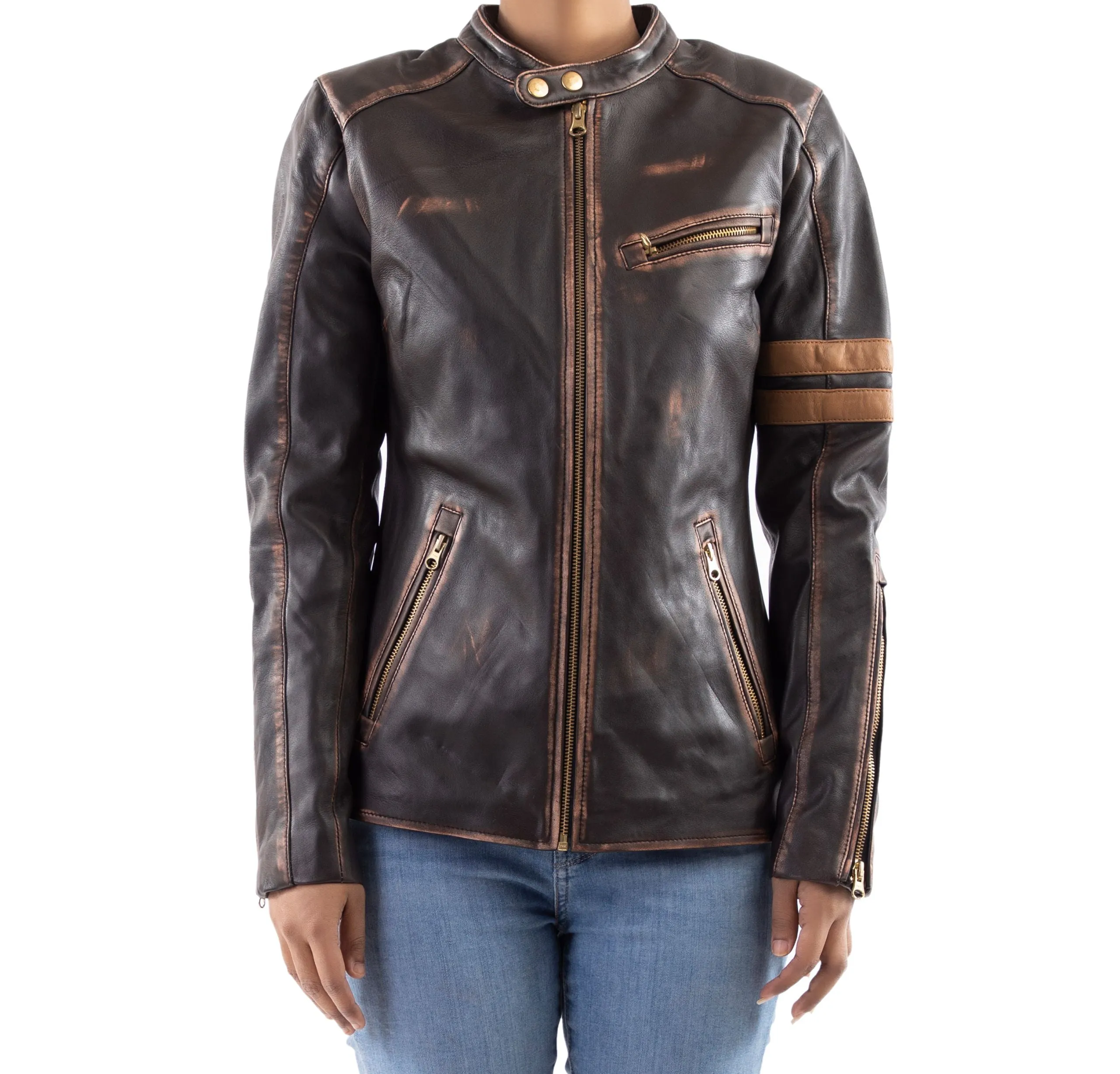 Distressed Café Racer Vintage Leather Jacket Women-Brown