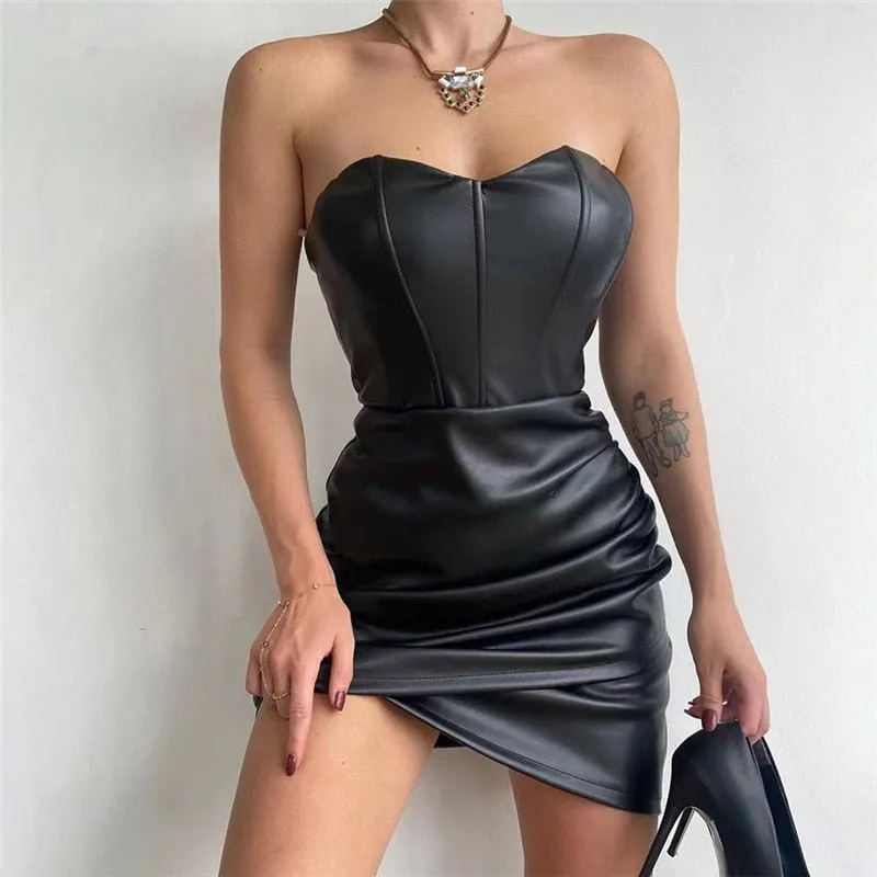 Fashion Trend Women Solid Color One-piece Dress Sexy Sleeveless Backless Slim Elastic PU Leather Summer Party Mini Dress