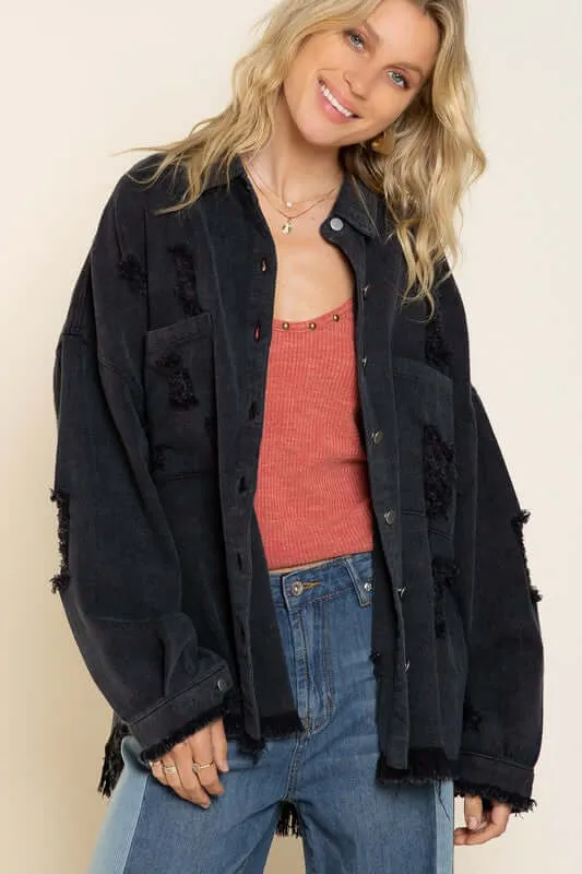 Fringe Distressed Oversized Jacket Shacket