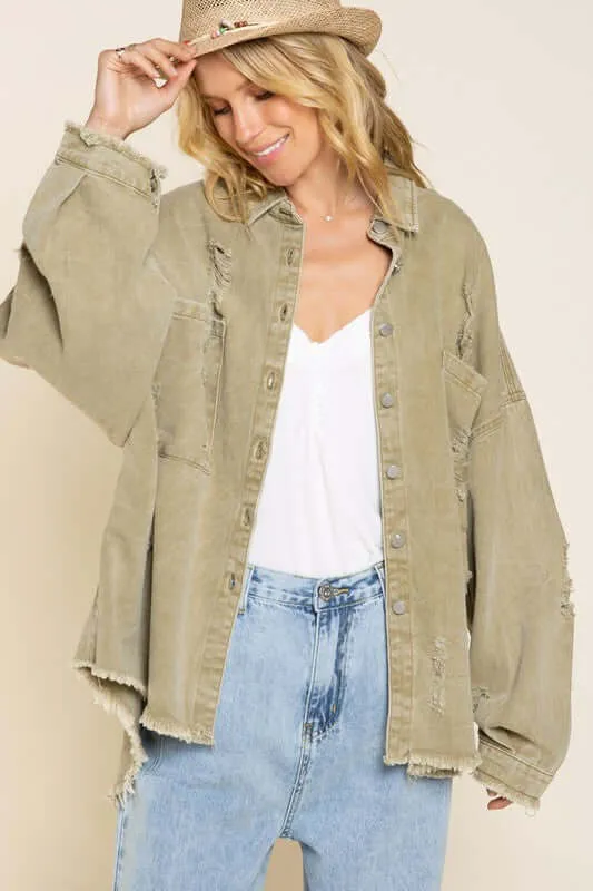 Fringe Distressed Oversized Jacket Shacket