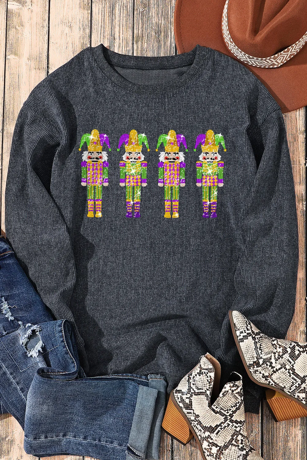 Gray Glitter Mardi Gras Nutcracker Patch Corded Sweatshirt