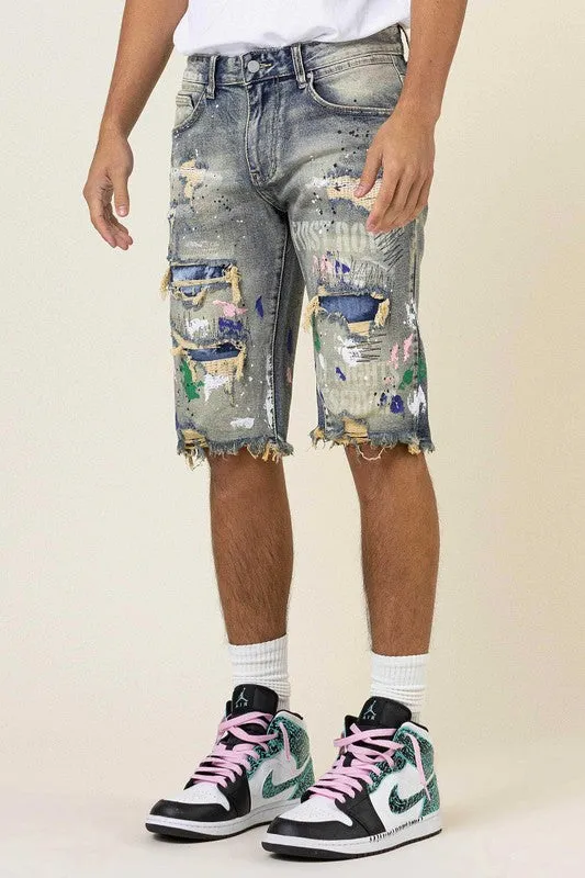 HAND PAINT & LOGO PRINT  RIP&REPAIR DENIM SHORTS