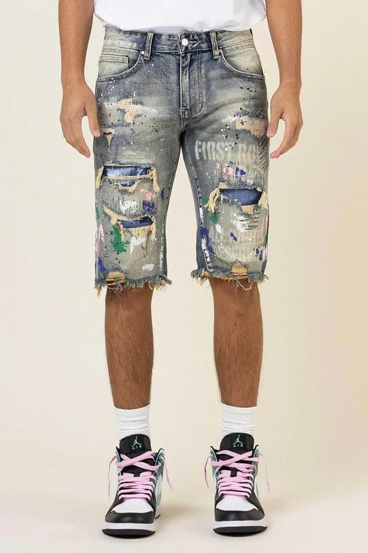 HAND PAINT & LOGO PRINT  RIP&REPAIR DENIM SHORTS