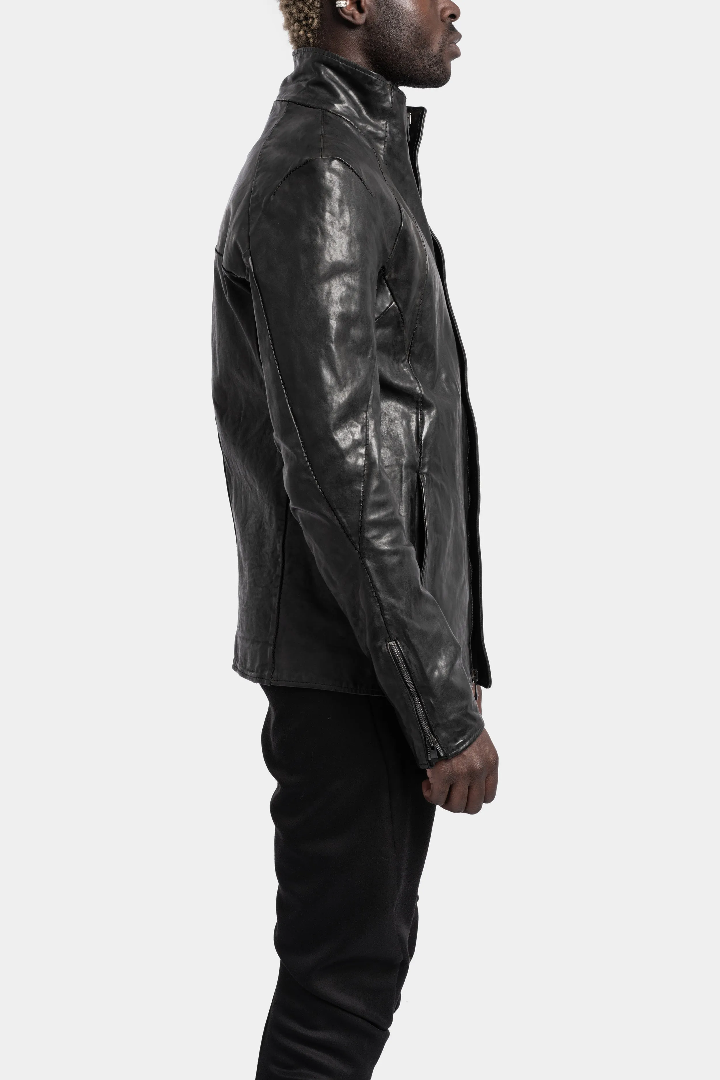 High neck hidden zip leather jacket