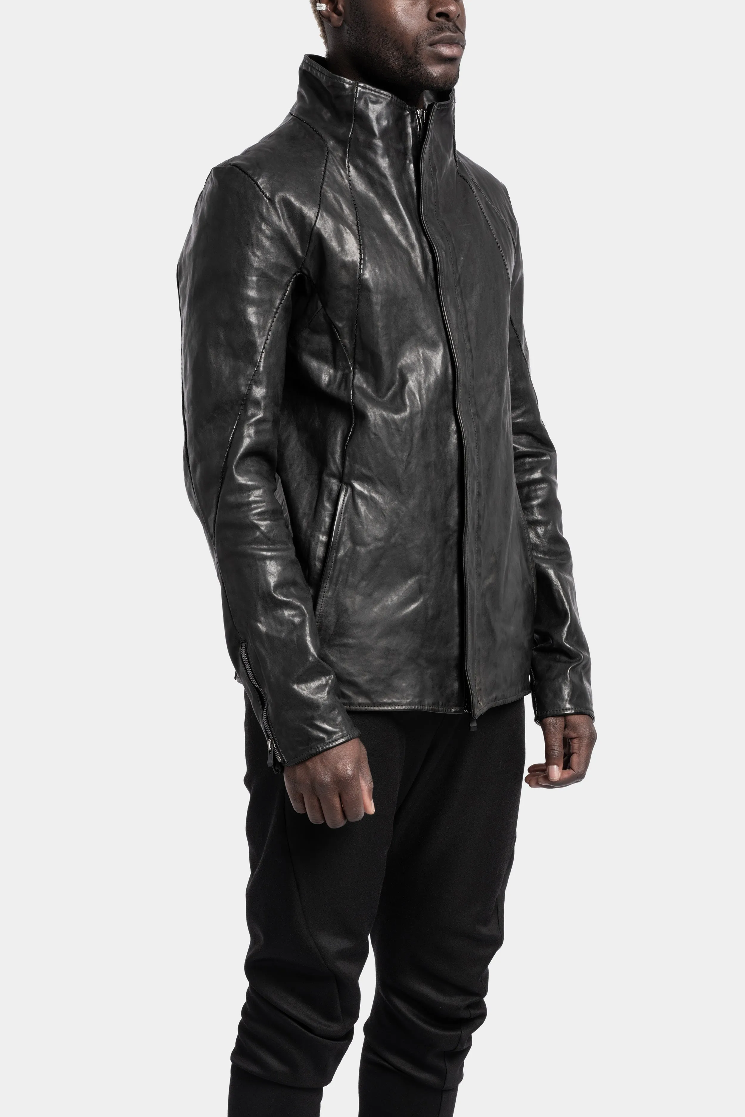 High neck hidden zip leather jacket