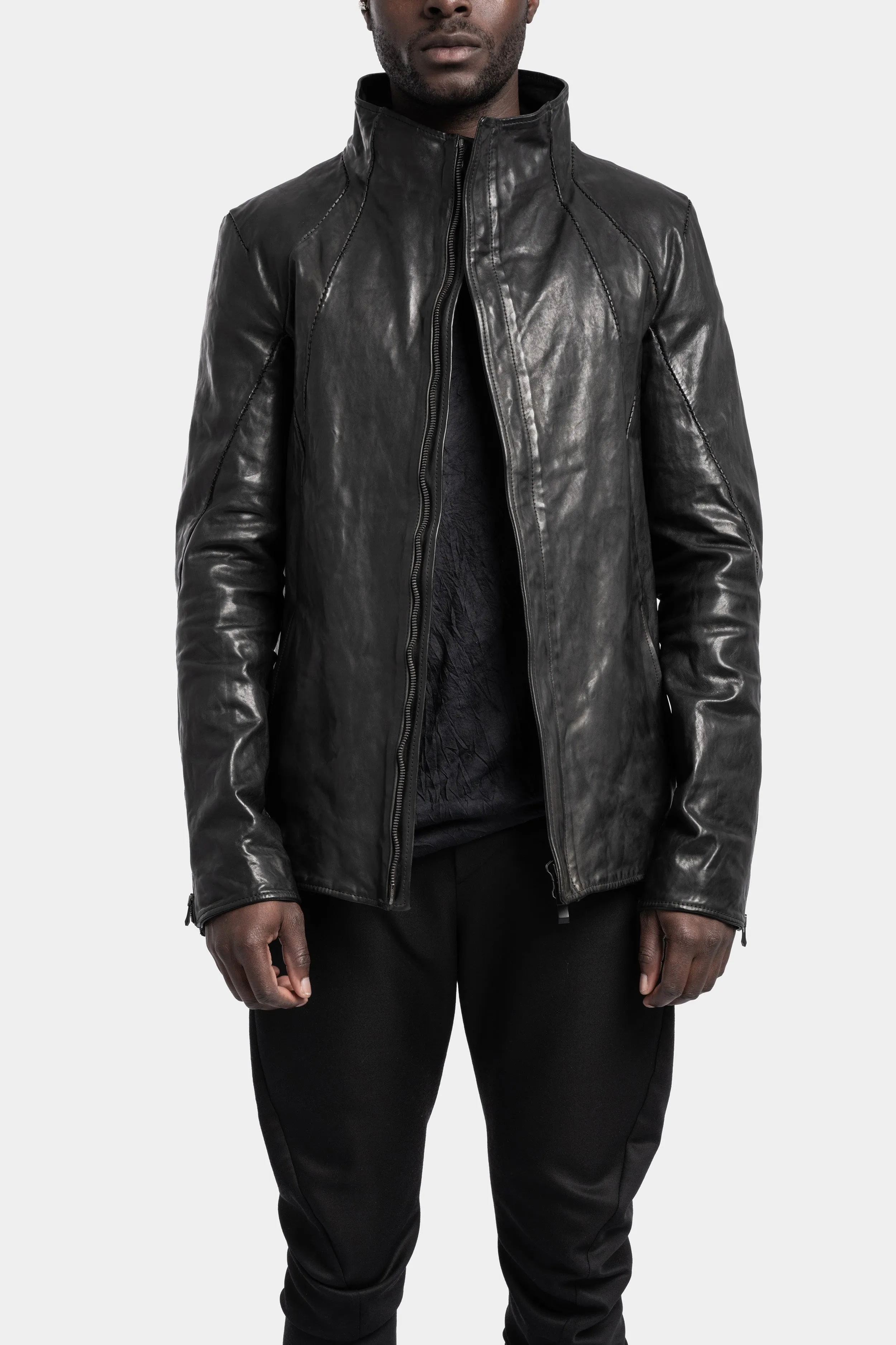 High neck hidden zip leather jacket