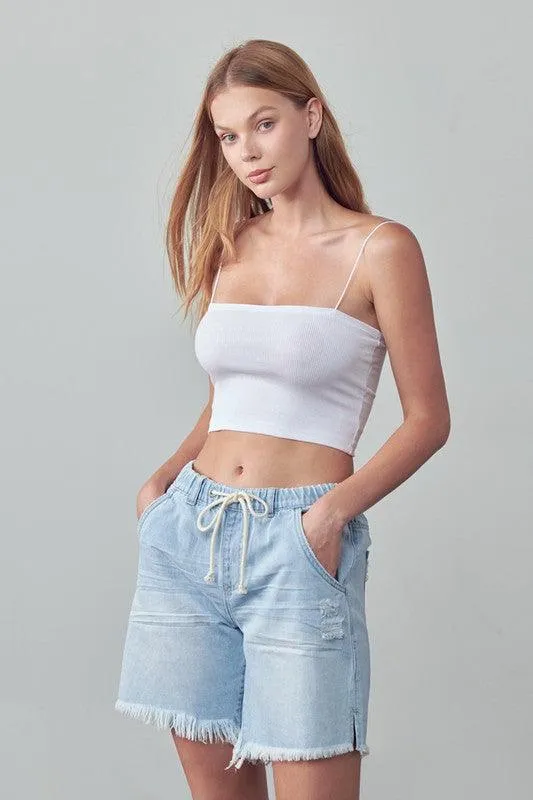 High Rise Drawstring Denim Shorts