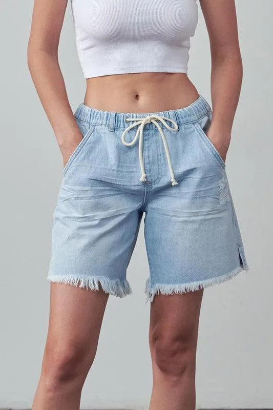 High Rise Drawstring Denim Shorts