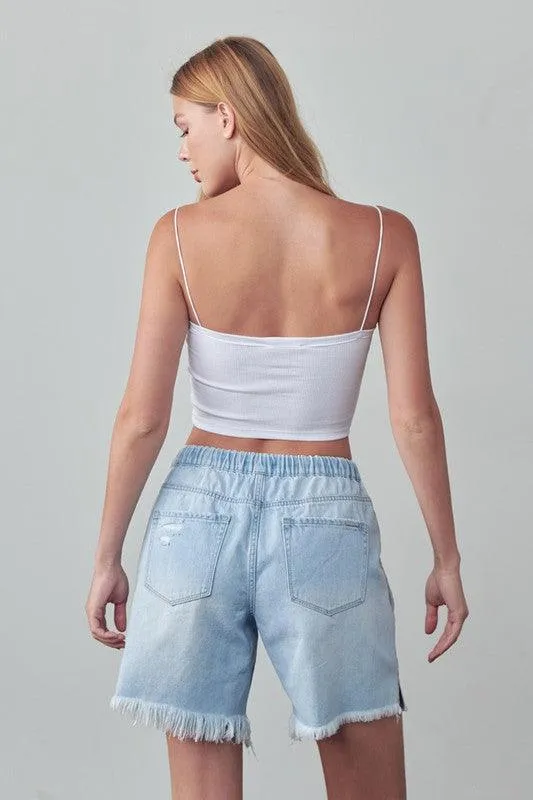 High Rise Drawstring Denim Shorts