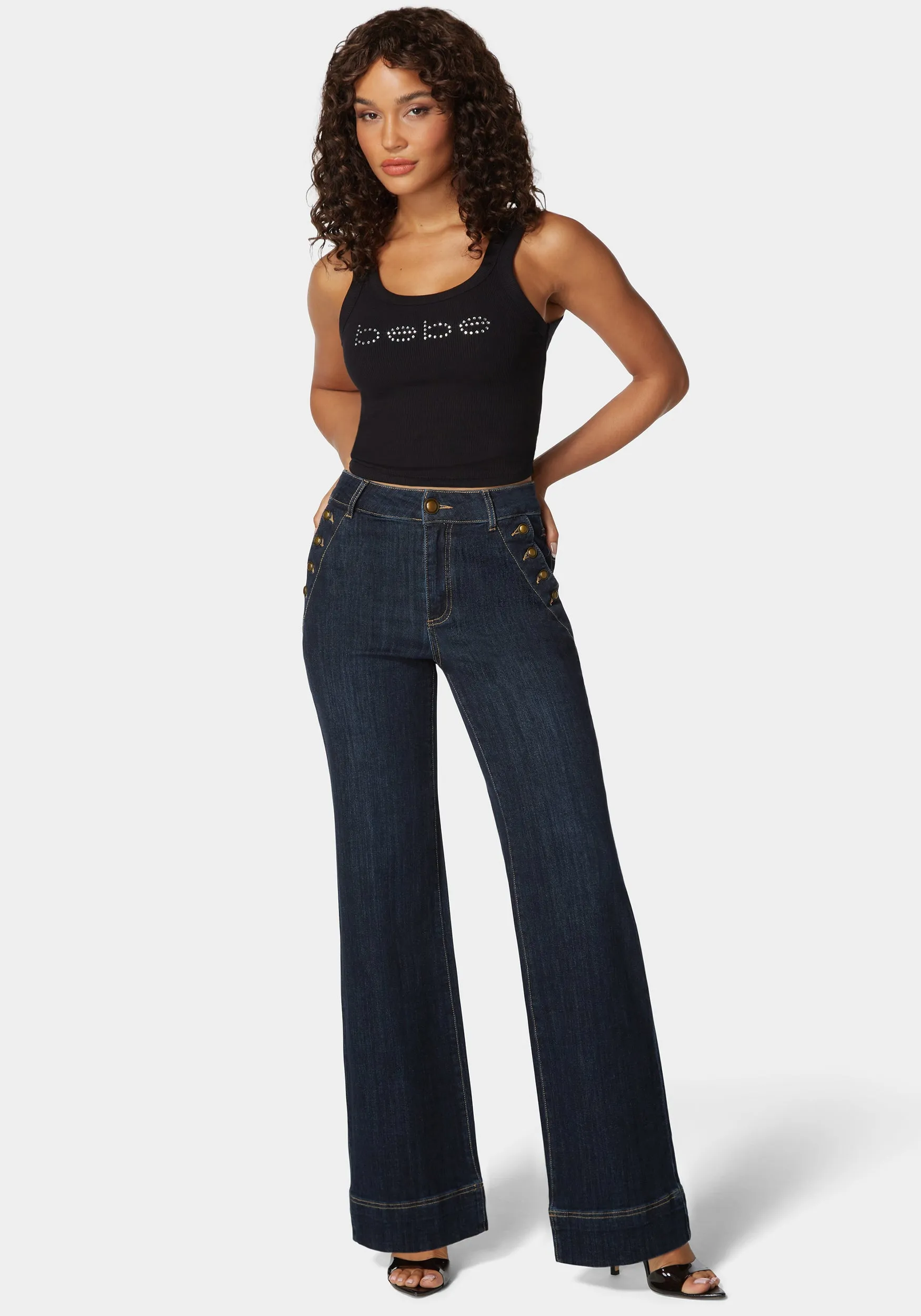 High Waist Button Detail Flared Leg Jeans