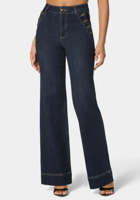 High Waist Button Detail Flared Leg Jeans