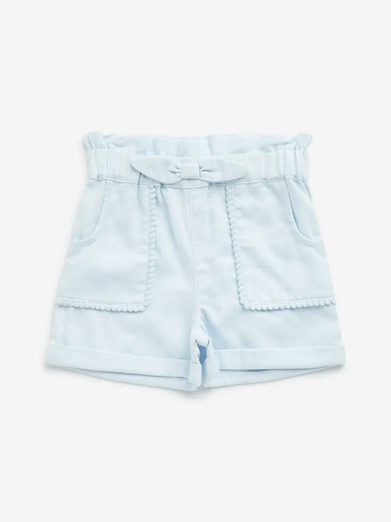 HOP Kids Light Blue Paperbag-Waist Mid-Rise Cotton Shorts