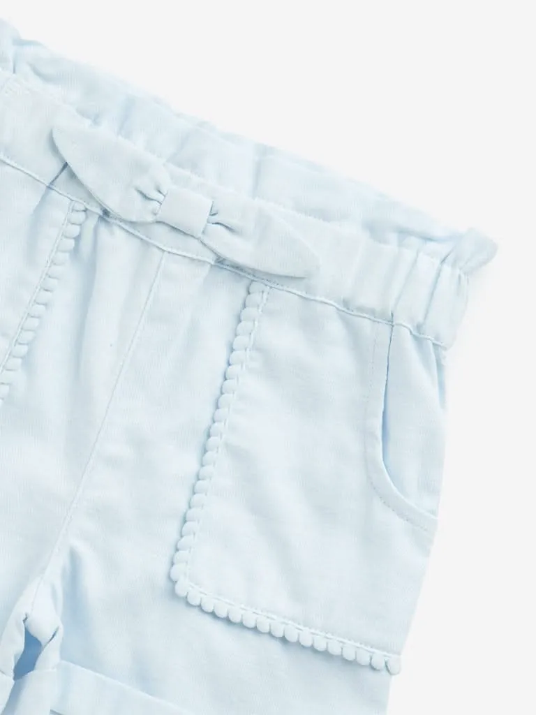 HOP Kids Light Blue Paperbag-Waist Mid-Rise Cotton Shorts