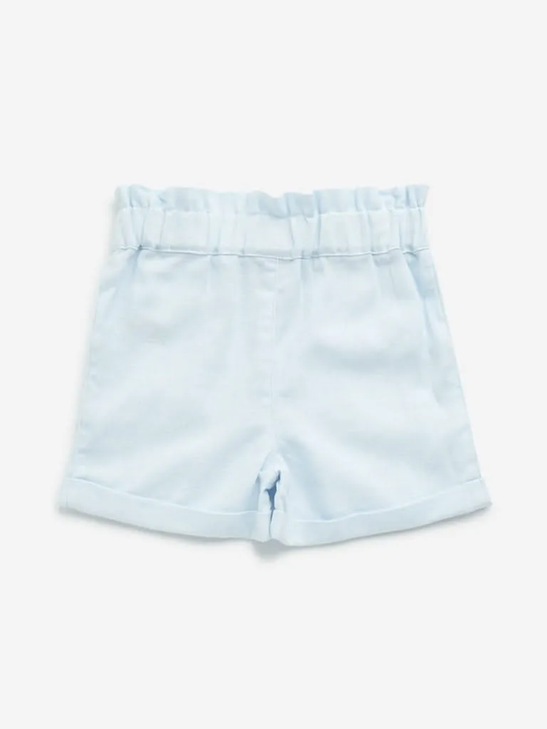 HOP Kids Light Blue Paperbag-Waist Mid-Rise Cotton Shorts