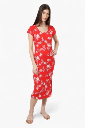 International INC Company Floral Cap Sleeve Midi Dress - Red