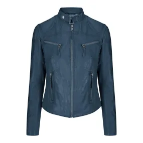 Ladies Women Genuine Real Leather Slim Fit Navy Biker Jacket