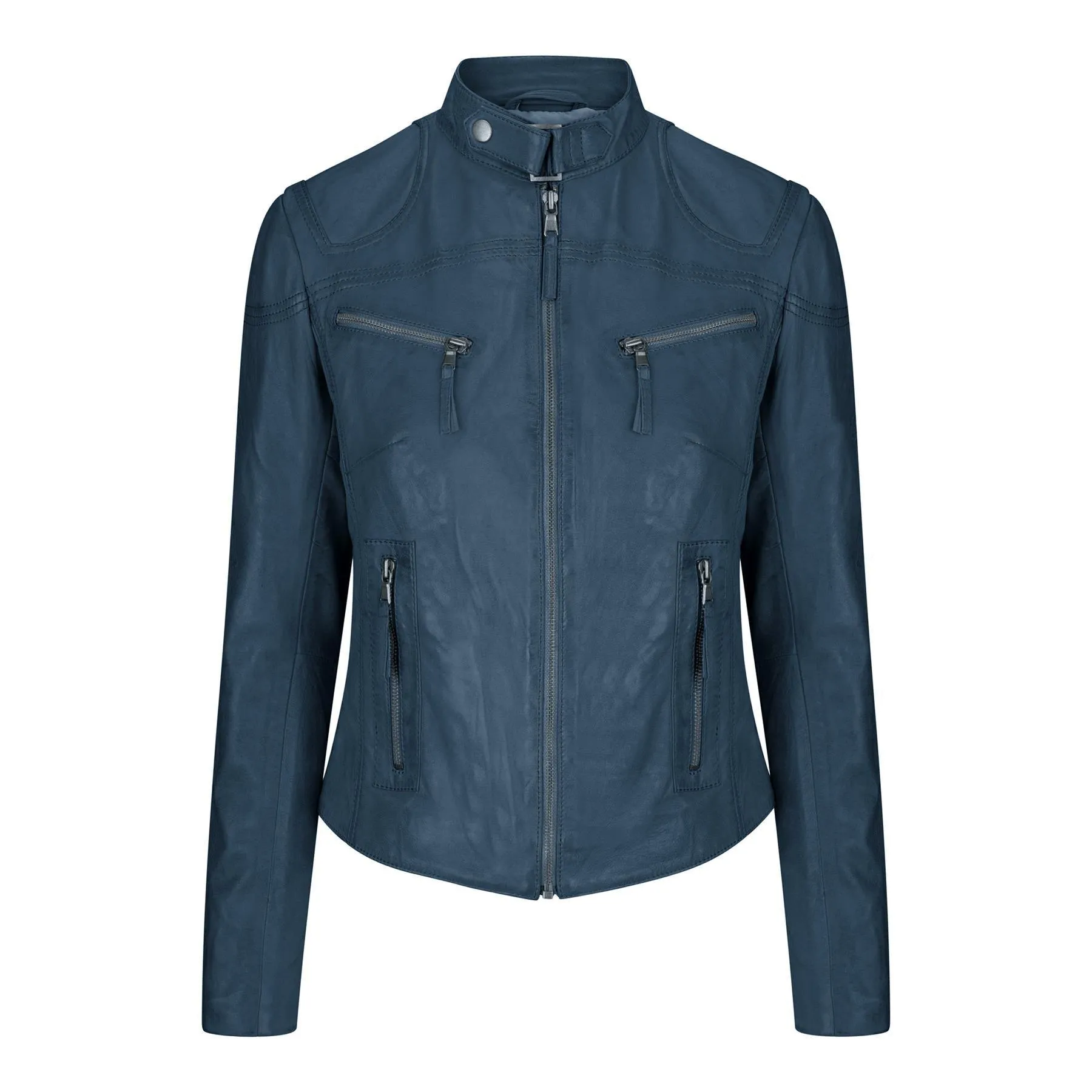 Ladies Women Genuine Real Leather Slim Fit Navy Biker Jacket