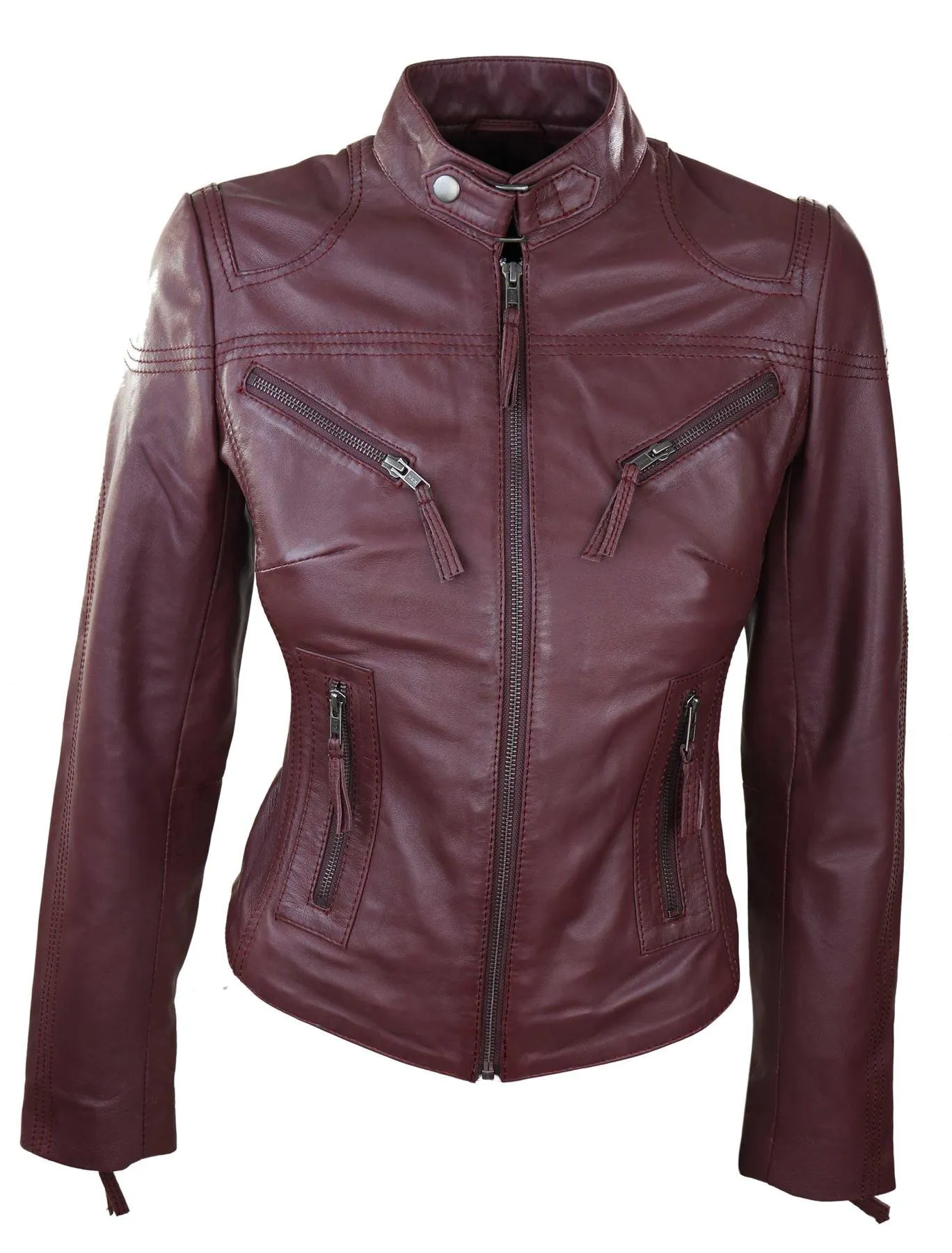 Ladies Women Genuine Real Leather Slim Fit Navy Biker Jacket