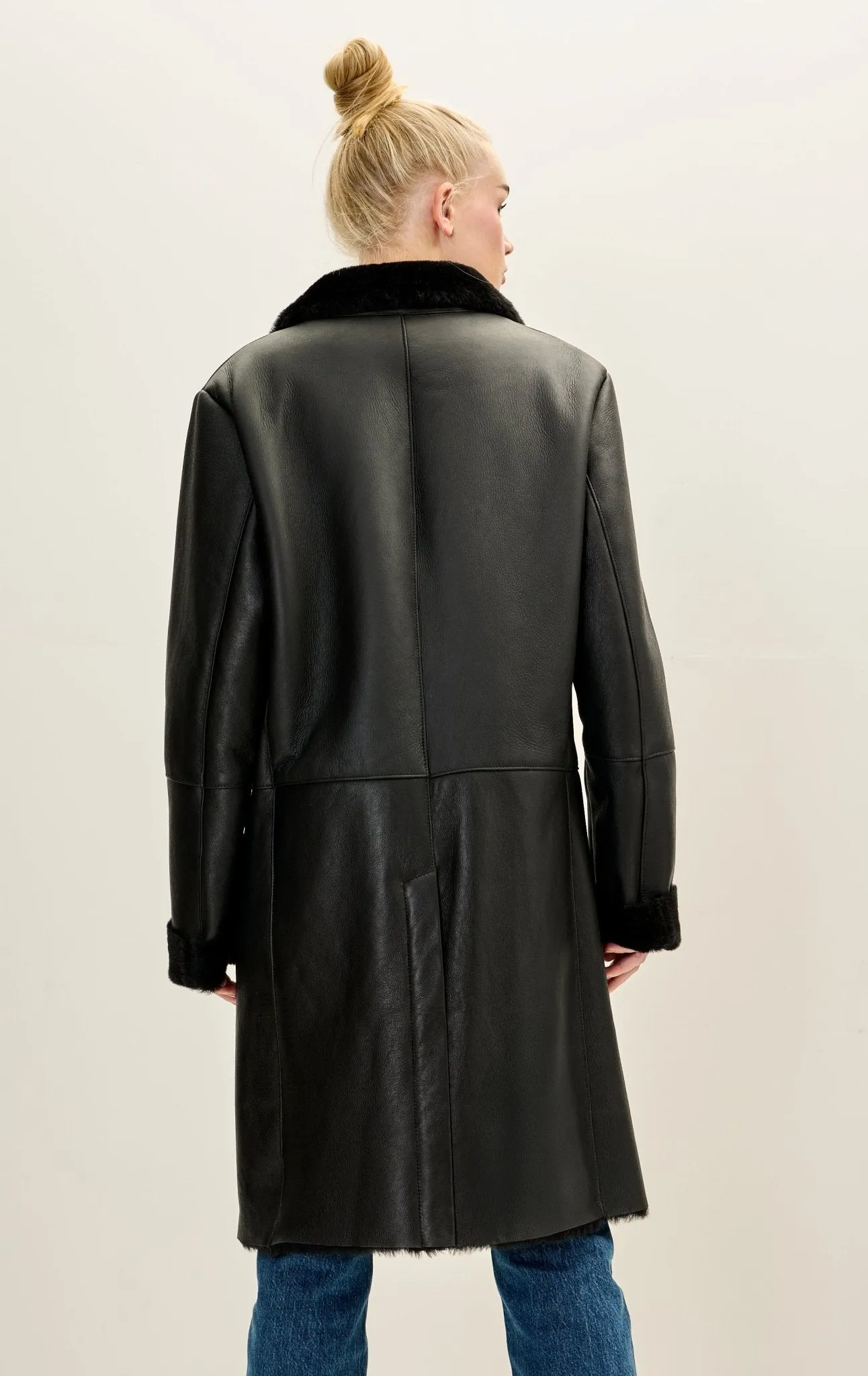 Lambskin Leather Shearling Lined Long Coat - Black