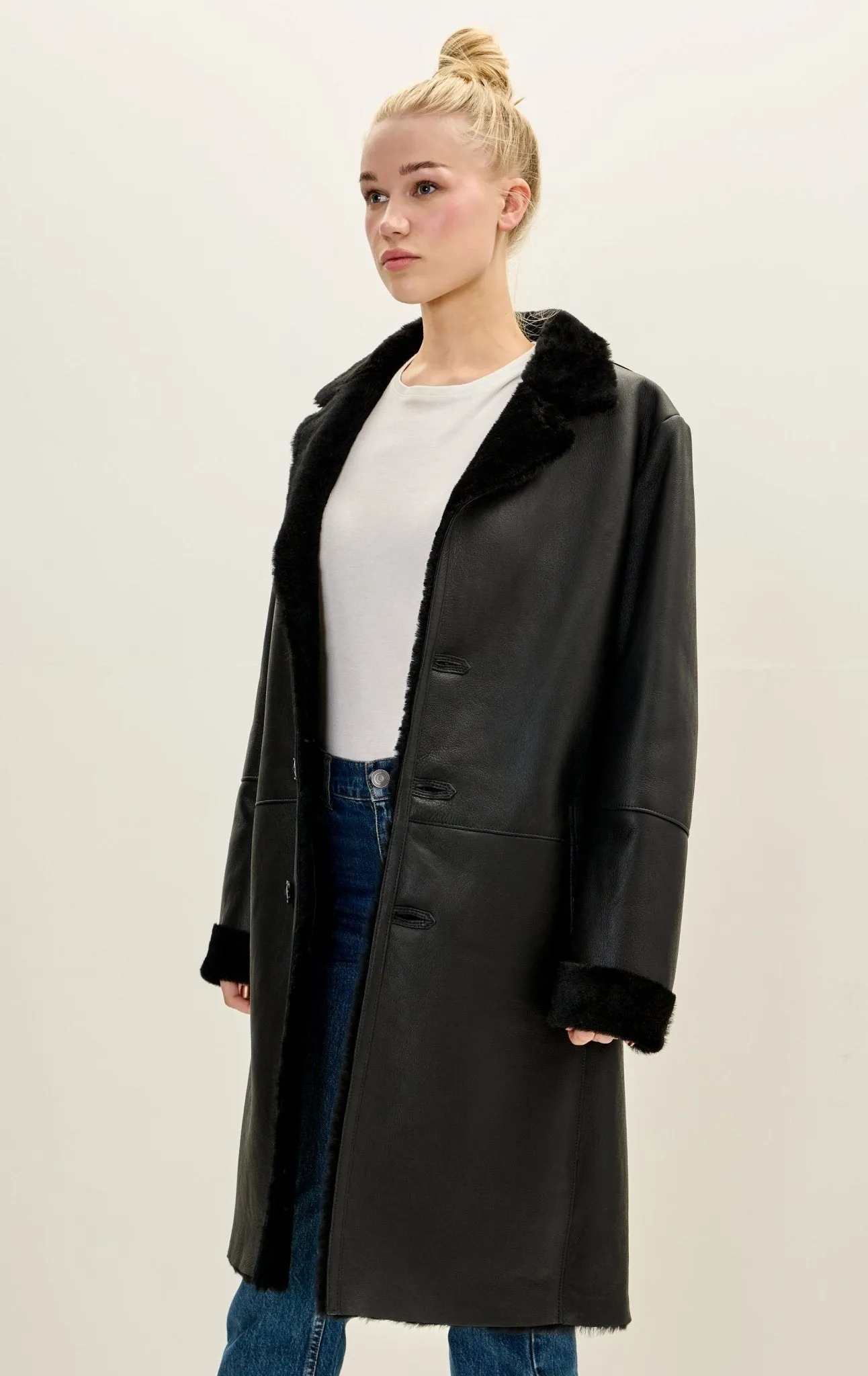 Lambskin Leather Shearling Lined Long Coat - Black