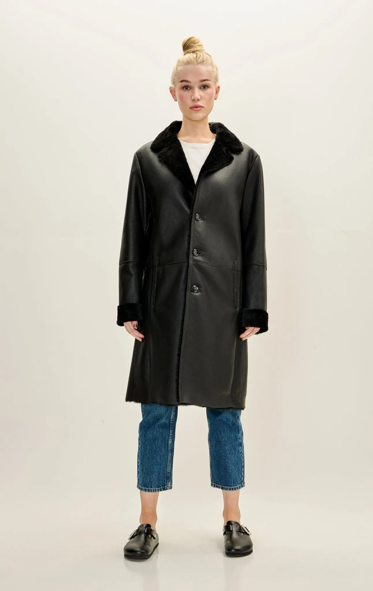 Lambskin Leather Shearling Lined Long Coat - Black