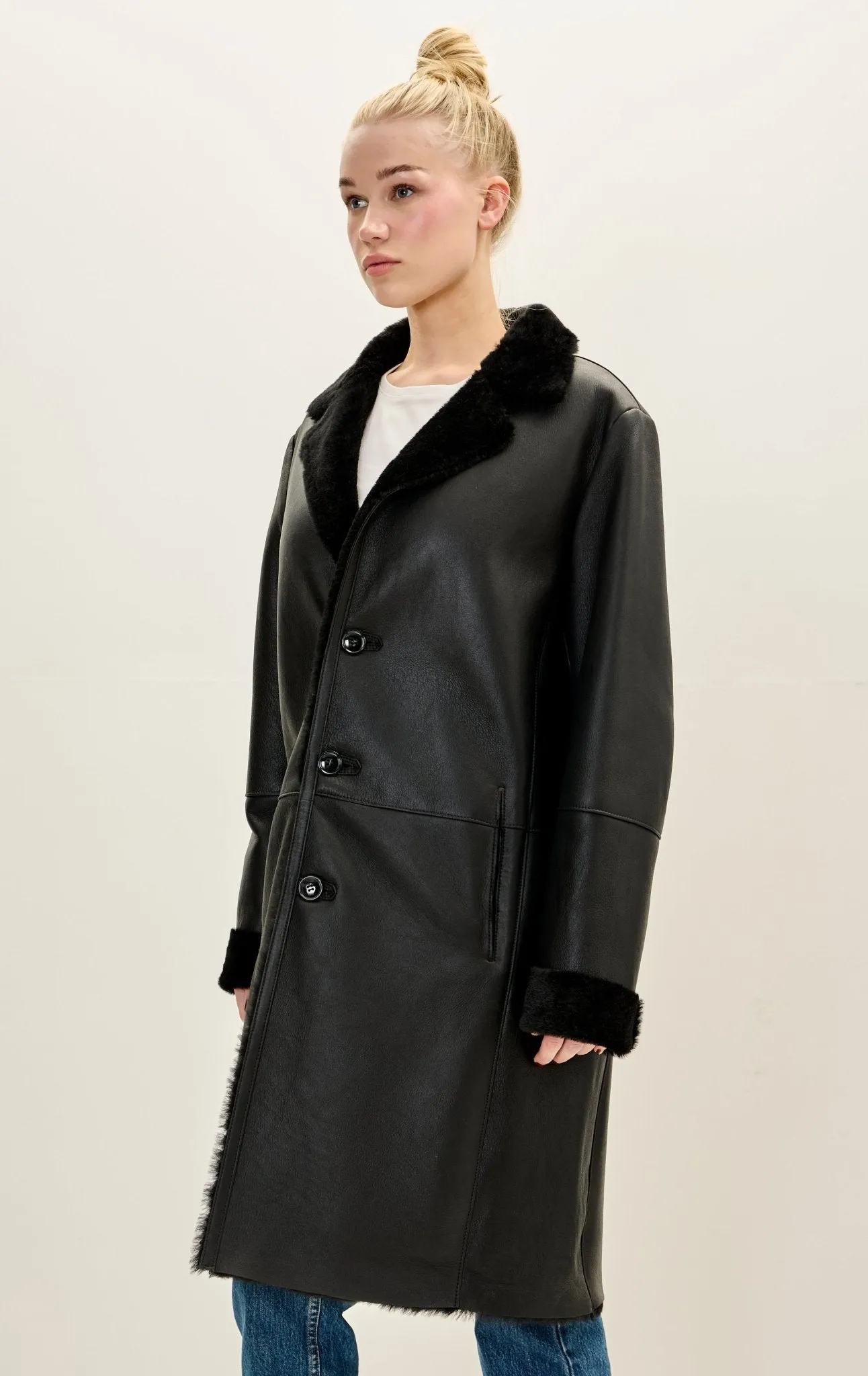 Lambskin Leather Shearling Lined Long Coat - Black